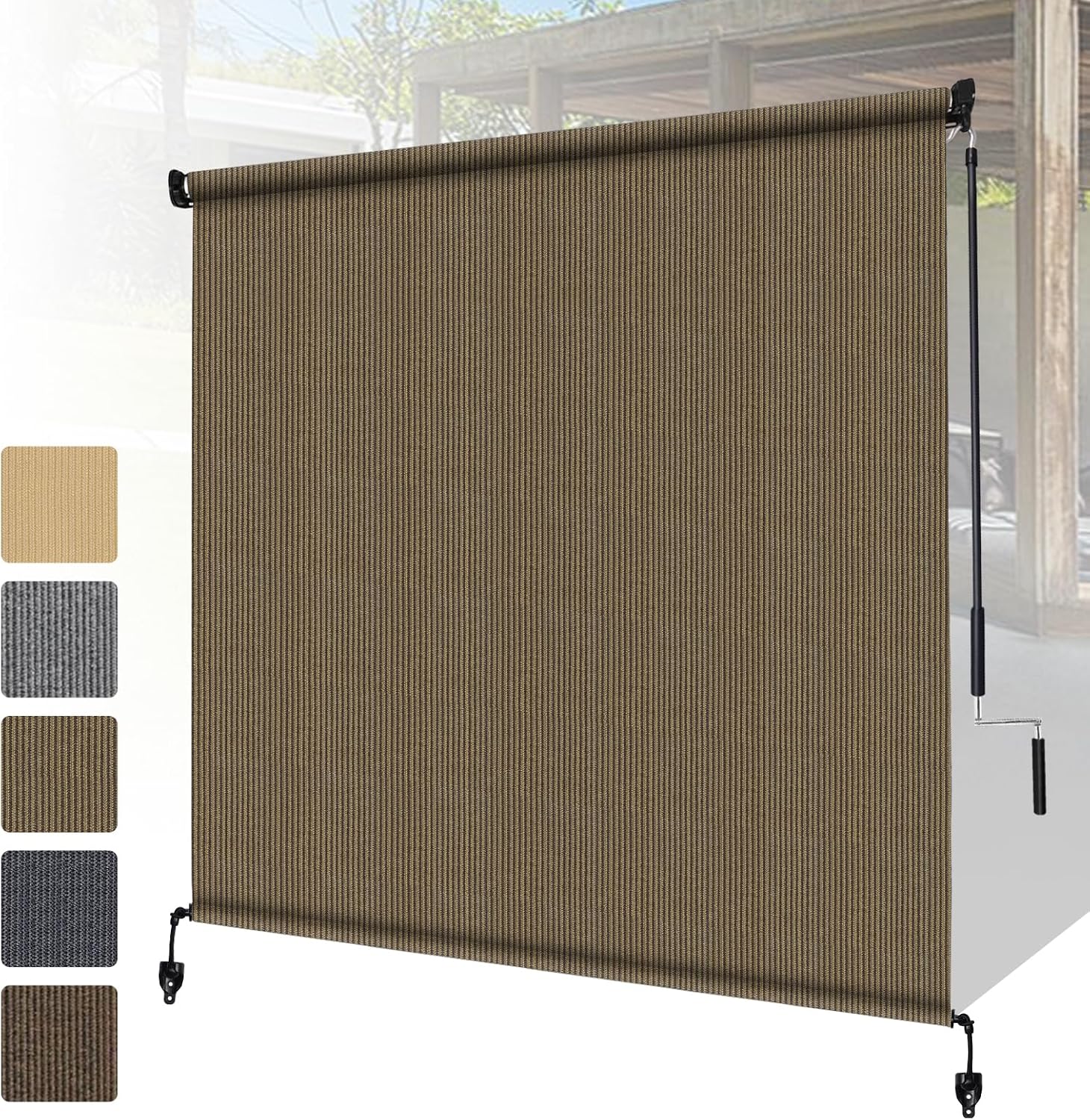 Shade&Beyond Patio Shades Roll Up Outdoor 9' W x 8' H, Cordless Roller Shade Blinds with 90% UV Protection, Exterior Sunshade Cloth Roll for Pergola Porch Gazebo Balcony, Coffee Brown