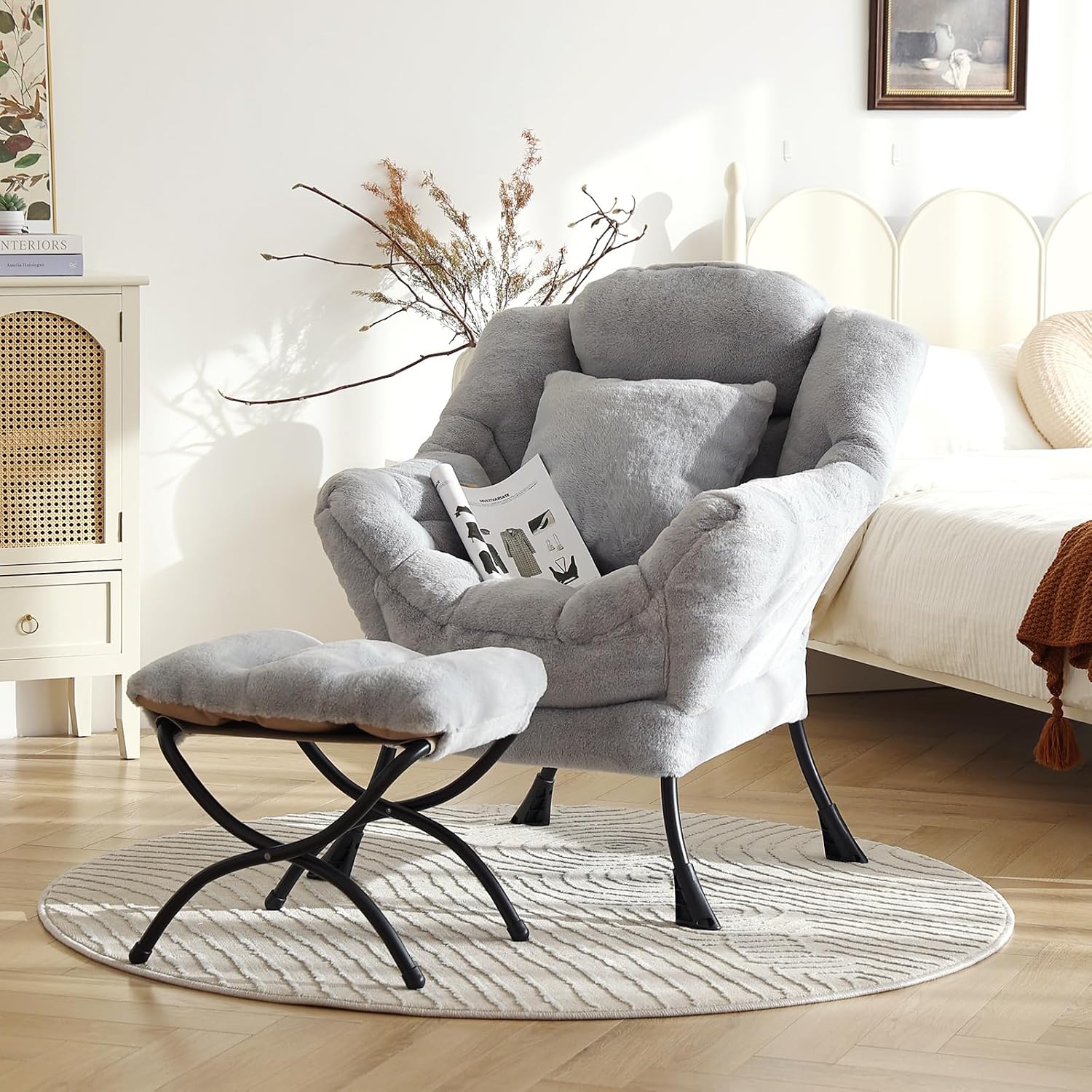 Lazy Chair with Ottoman, Large White Gray Lounge Accent Chair with Ottoman and FA Throw Pillow, Comfy Plush Reading Chair for Living Room Bedroom Dorm Room Office Apartment Relaxing Use