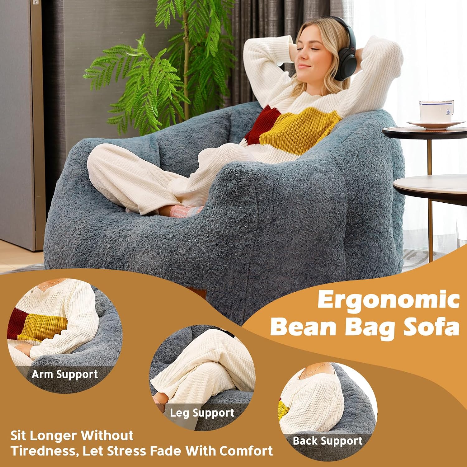 Giant Bean Bag Chair for Adults, Teens and Kids, Cozy Fluffy Corduroy Beanbag Chair with Filler, Large Floor Lounge Sofa for Living Room, Bedroom, Dorm, Gaming and Reading(XL-Blue)