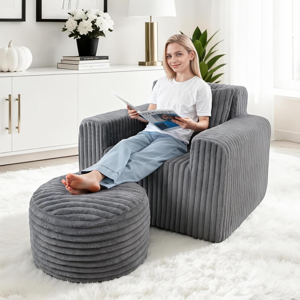 HABUTWAY Bean Bag Chair for Adults with Pillow, Giant Bean Bag Chairs with Ottoman, Comfy Dorm Chair with High Backrest & Wider Armrest, Lounger Chair Indoor for Bedroom Living Room(Grey)