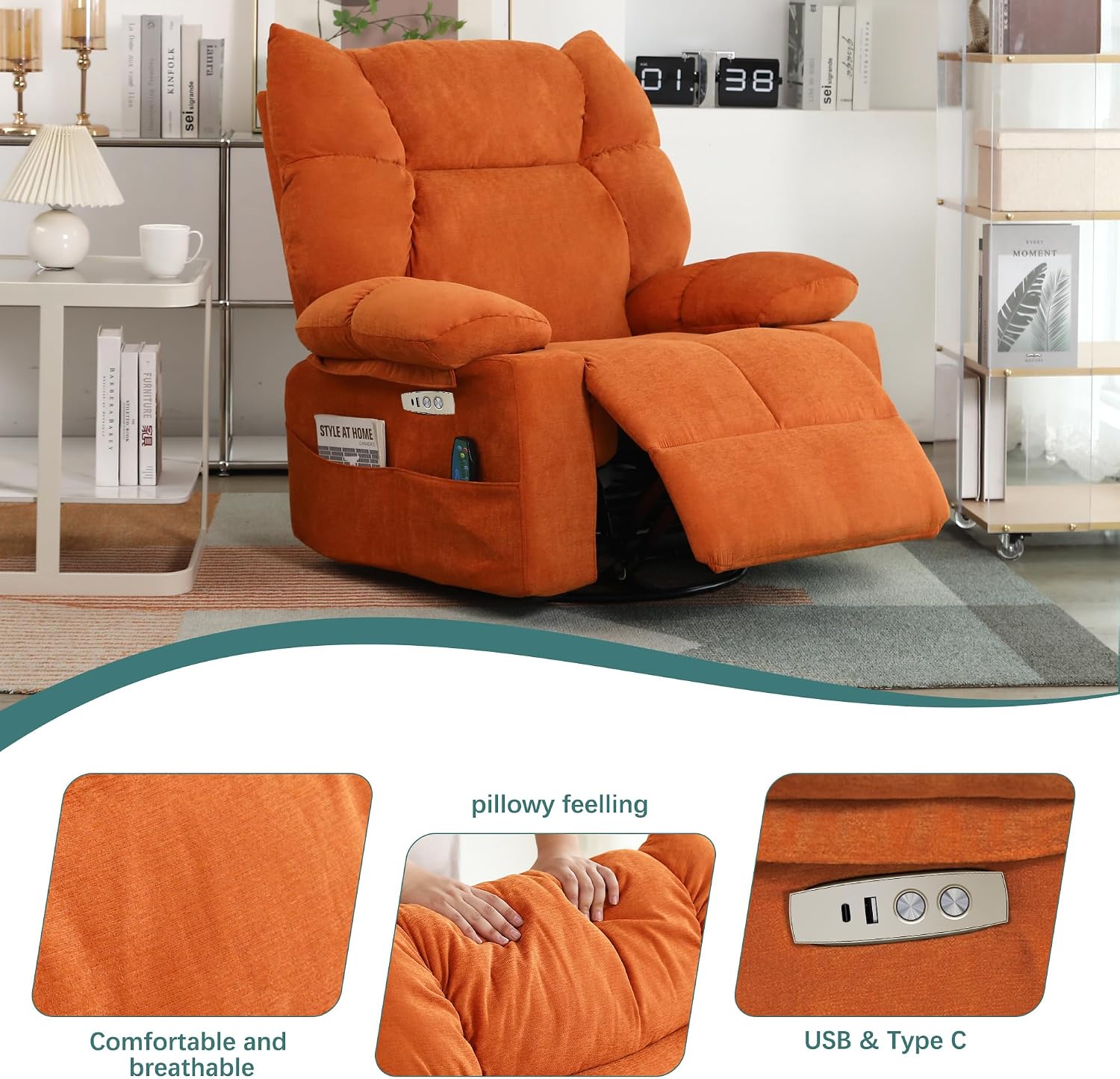 Power Swivel Rocker Recliner Chair Oversized for Adults, Electric Heated & Massage Chair Recliner with USB/Type-C, Fabric Nursery Recliner for Living Room,Bedroom, Orange