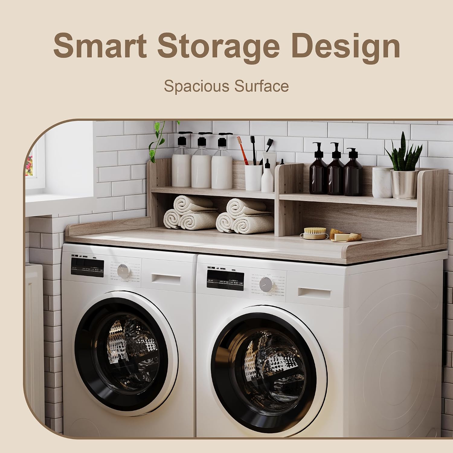 ChooChoo 2-Tier Washer Dryer Countertop with Adjustable Shelf, Spacious Laundry Room Storage for Folding Clothes and Efficient Organization, Oak