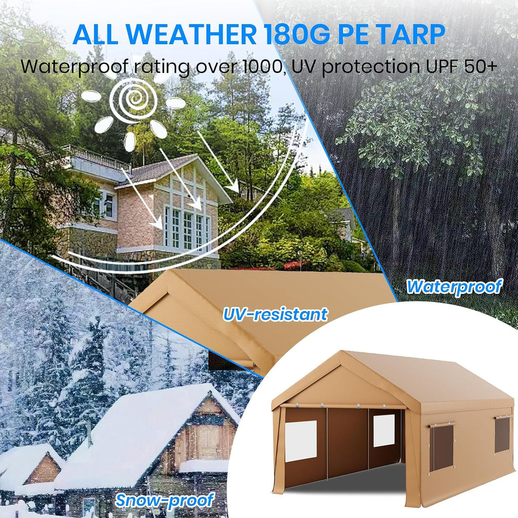 Carport 10x20 Heavy Duty Portable Garage,Carport Canopy with Roll-Up Windows & Doors,Portable Garage and Shelter with Removable Sidewalls,Car Tent Garage with All-Season Tarp for Lawnmower Bike Truck