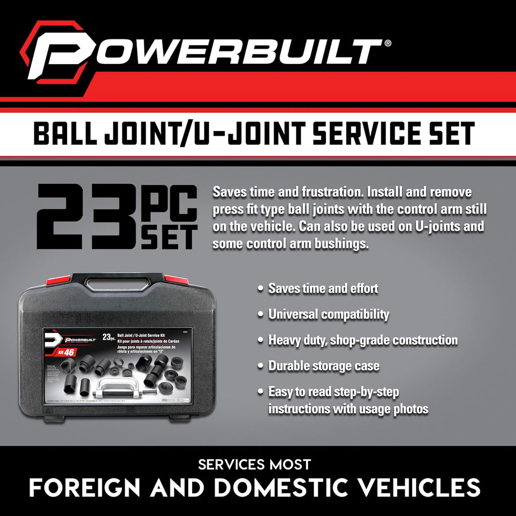 Powerbuilt Ball and U Joint Service Set, 23 Piece Tool Kit, Remove and Install Ball Joints, Receiving Tube, Adapters, Sockets - 648617