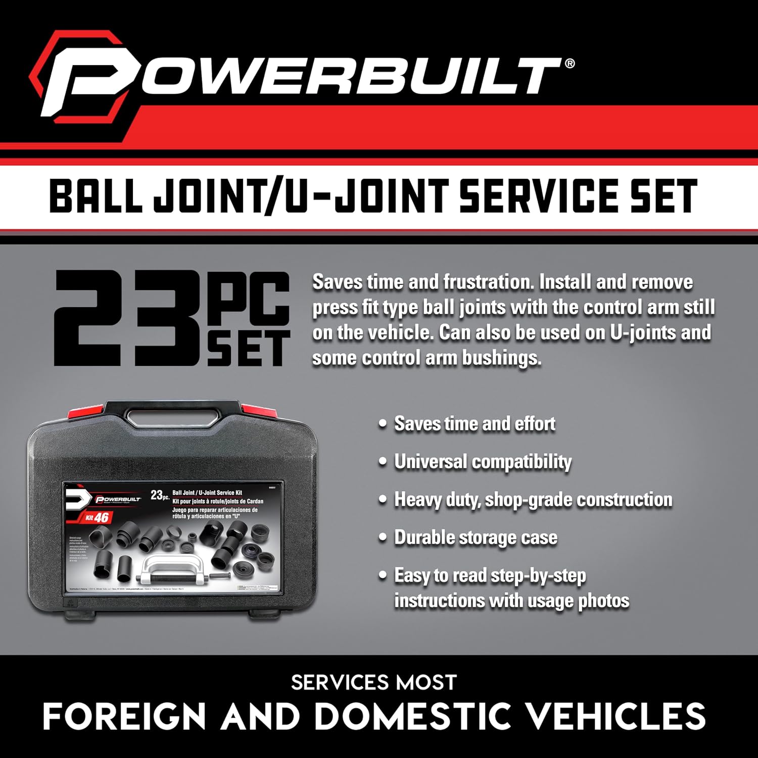Powerbuilt Ball and U Joint Service Set, 23 Piece Tool Kit, Remove and Install Ball Joints, Receiving Tube, Adapters, Sockets - 648617