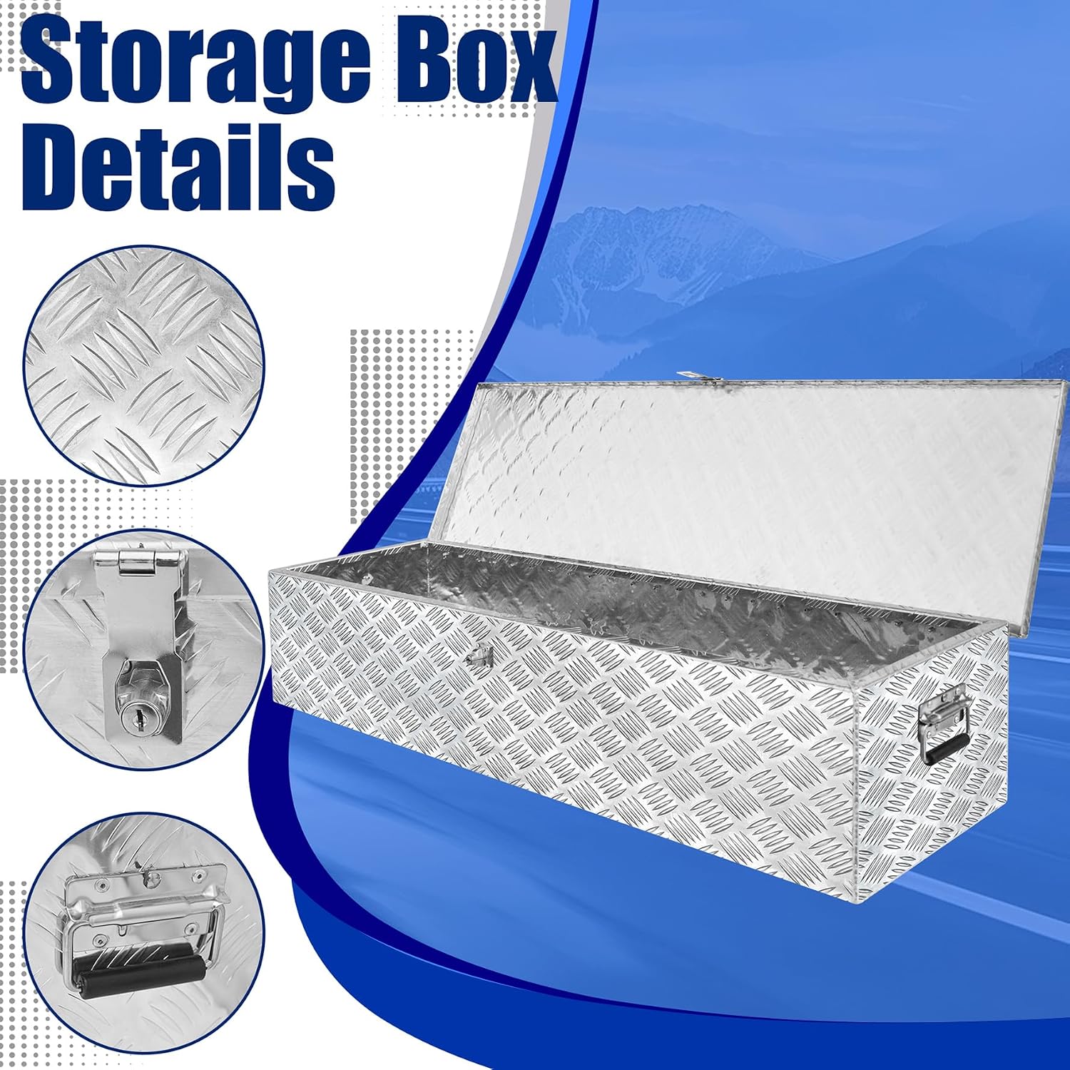 Aluminum Underbody Truck Box 49'×13'×10' Pick up Square Storage Toolbox Heavy Duty Diamond Plate Tool Boxes with Side Handle Buckle Lock and Keys for Storage and Organization