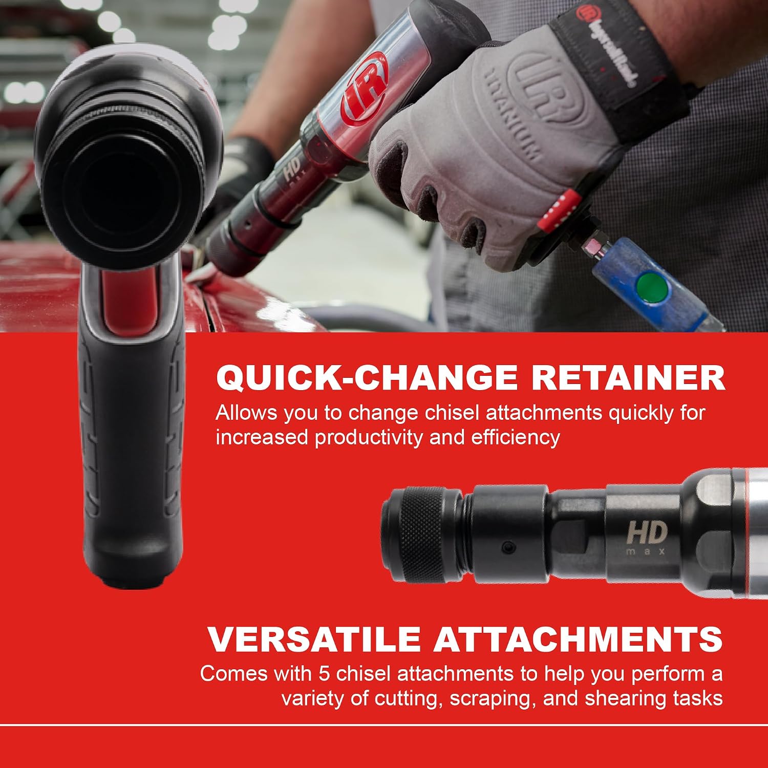Ingersoll Rand 135MAXK Vibration Reduced Quick-Change Air Hammer 5-Piece Chisel Set, 2,600 BPM, 3' Stroke, Round Shank
