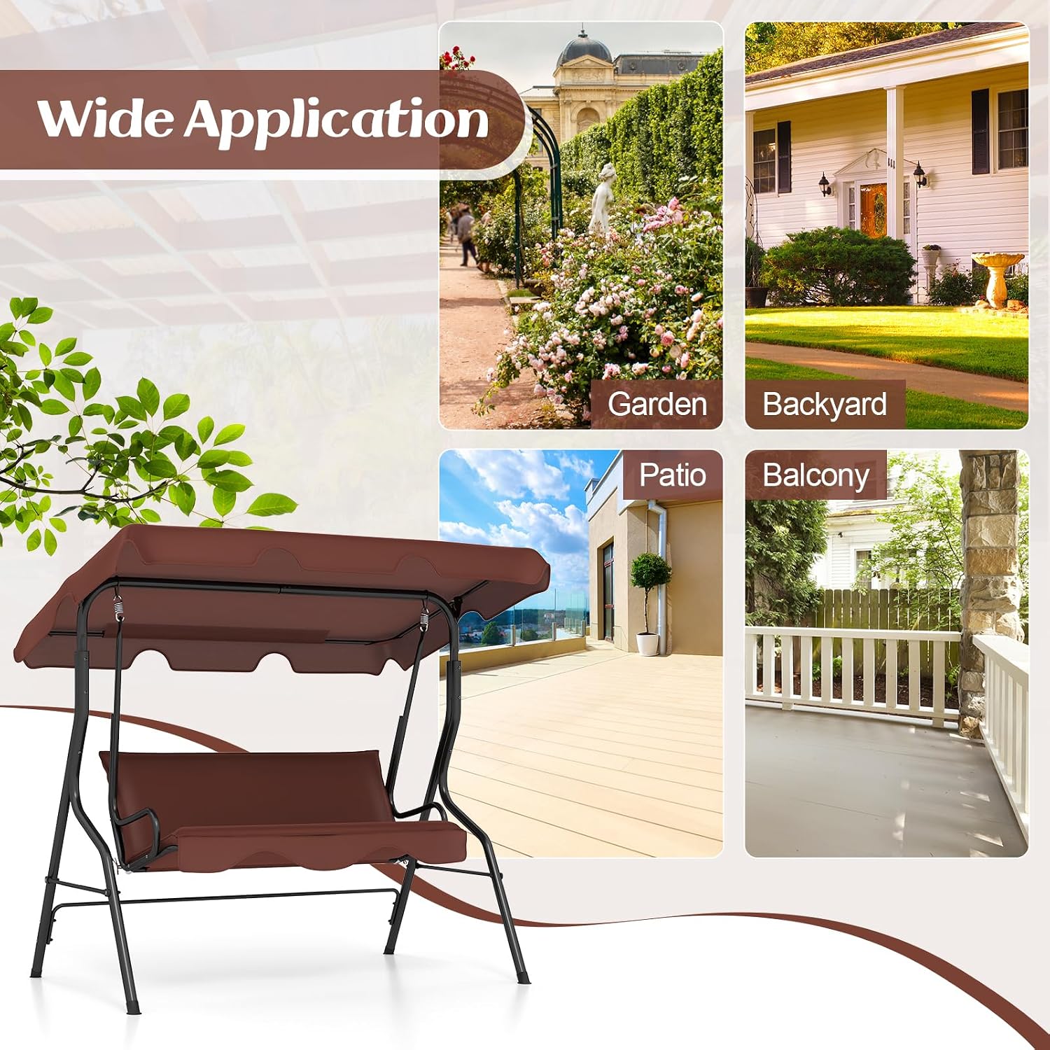 DREAMADE Porch Swing Outdoor, 3 Person Patio Swing w/Removable Cushion, Stand & Adjustable Canopy, Heavy Duty Swing Chair for Patio, Garden, Courtyard, Poolside