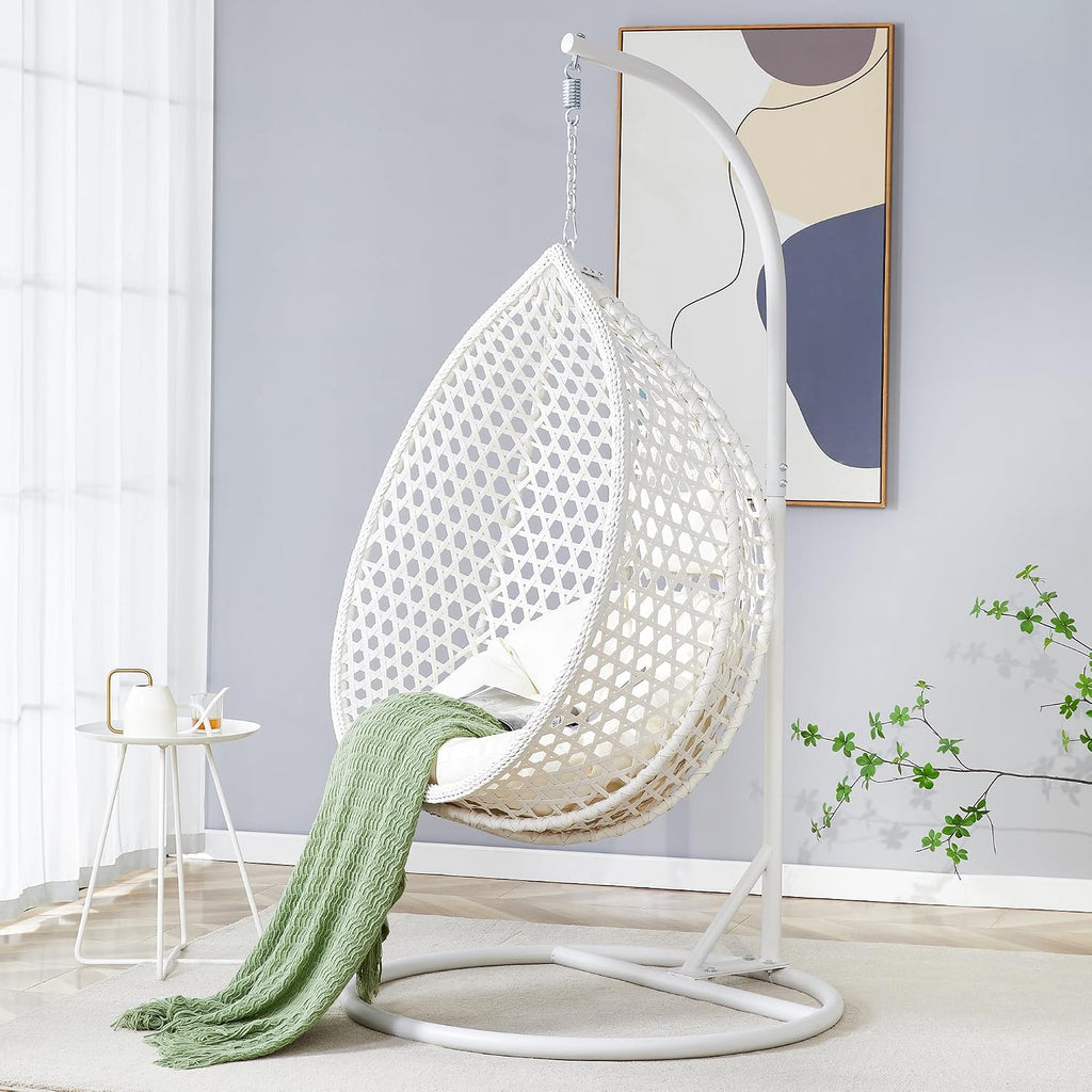 Egg Swing Chair with Stand,White Swing Egg Chair with Stand, Rattan Hanging Egg with Soft Cushion, Outdoor Hanging with Foldable Basket and Metal Stand for Bedroom Patio