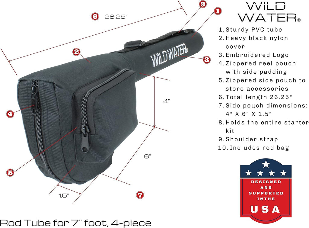 Wild Water Deluxe Fly Fishing Combo Starter Kit, 7-Foot Pole, 4-Piece Fly Rod Kit, 3/4 Weight, Fishing Accessories, Includes Die cast Aluminum Reel and Hard Tube Case with Pouch, Fly Box and Flies