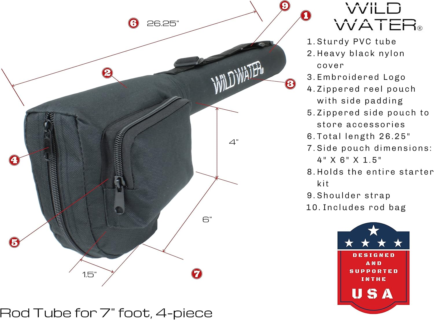 Wild Water Deluxe Fly Fishing Combo Starter Kit, 7-Foot Pole, 4-Piece Fly Rod Kit, 3/4 Weight, Fishing Accessories, Includes Die cast Aluminum Reel and Hard Tube Case with Pouch, Fly Box and Flies