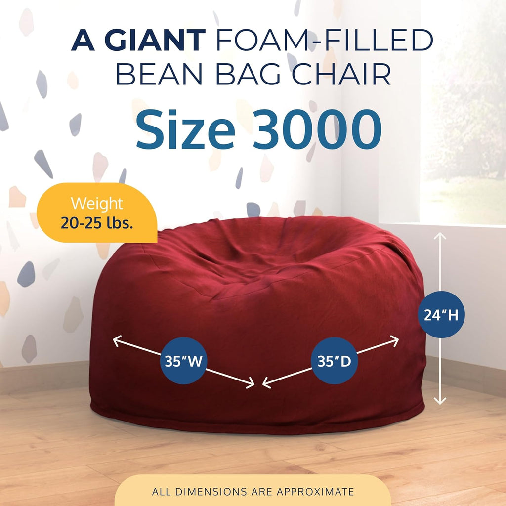 Ultimate Sack 3000 3-Foot Bean Bag Chair, Burgundy Suede Cover – Oversized Foam Lounger, Floor Seat, Small Sofa, or Couch Bed for Living Area, Gaming Room, or Reading Lounge