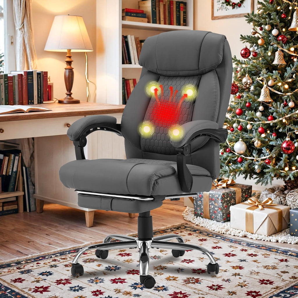 HOMREST 4-Point Massage Office Chair with Heating and Footrest, Reclining Executive Leather Desk Chair, Ergonomic Heated Managerial Chair for Home Office, Grey