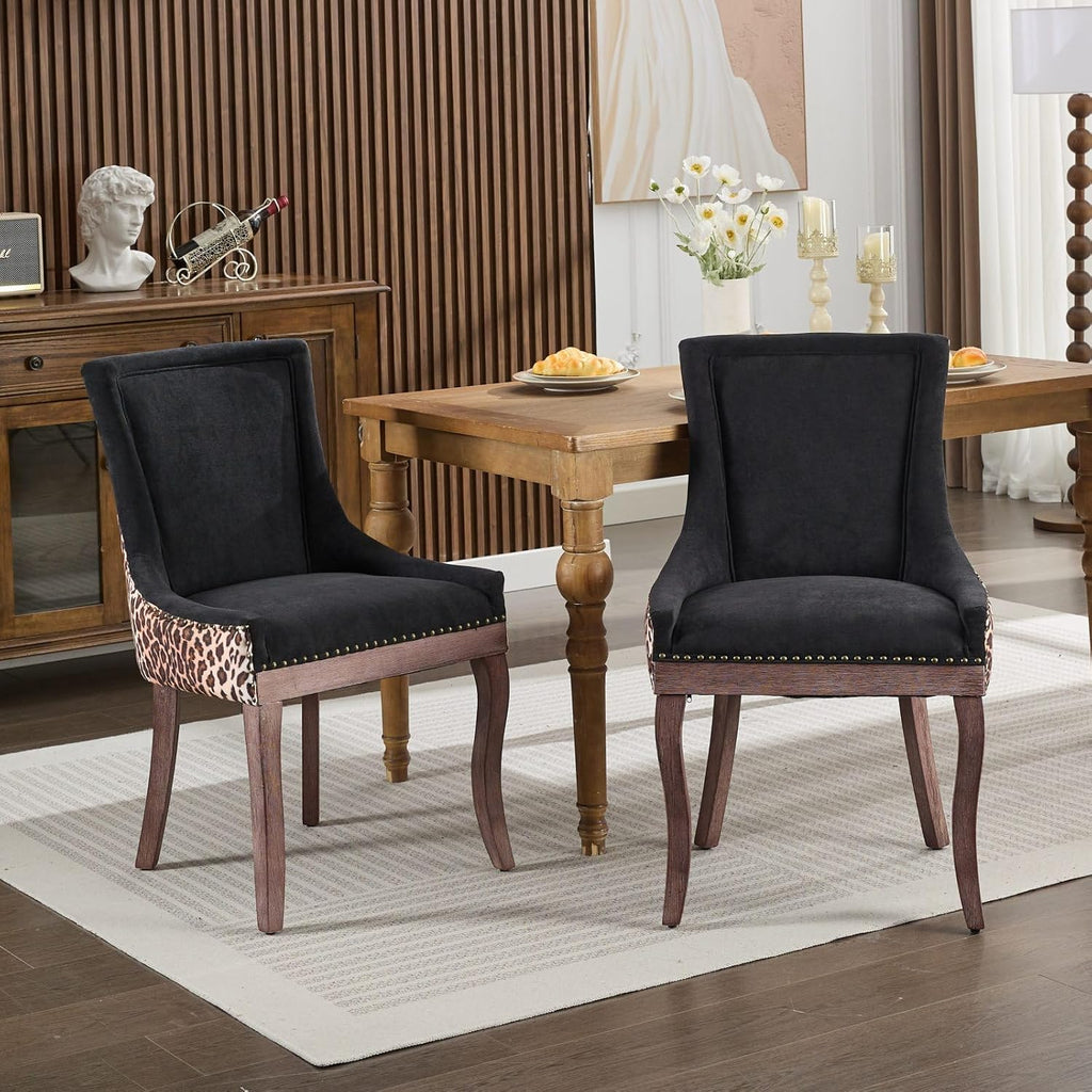 Ball & Cast Mid-century Upholstered Dining Chairs Set of 2, Thickened Fabric Wing Back Kitchen Side-Chairs with Bronze Nail Head & Toned Solid Wood Legs, Two Tone Traditional Chair,Black+Leopard Print