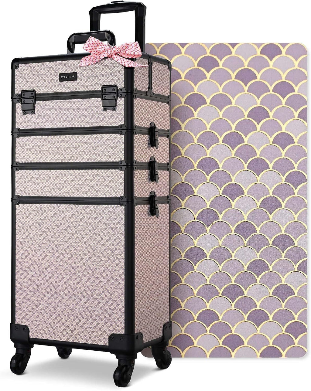 BYOOTIQUE 4in1 Rolling Makeup Case Large Cosmetology Case on Wheels,Easy Access Cosmetic Organizer Travel Case for Makeup Artist Hairstylist,Art Deco Graphite