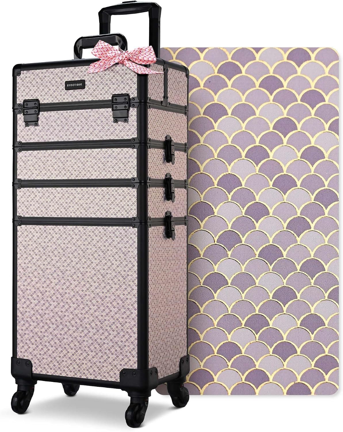BYOOTIQUE 4in1 Rolling Makeup Case Large Cosmetology Case on Wheels,Easy Access Cosmetic Organizer Travel Case for Makeup Artist Hairstylist,Art Deco Graphite