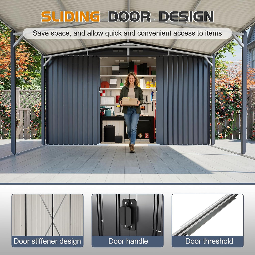 KEIKI 12x23 FT Heavy Duty Metal Carport with Storage Shed, Steel Garage Shelter with Sliding Door, Waterproof Sloped Roof, UV Protection Panels, Outdoor Car Canopy for Car, Boat, Tractor