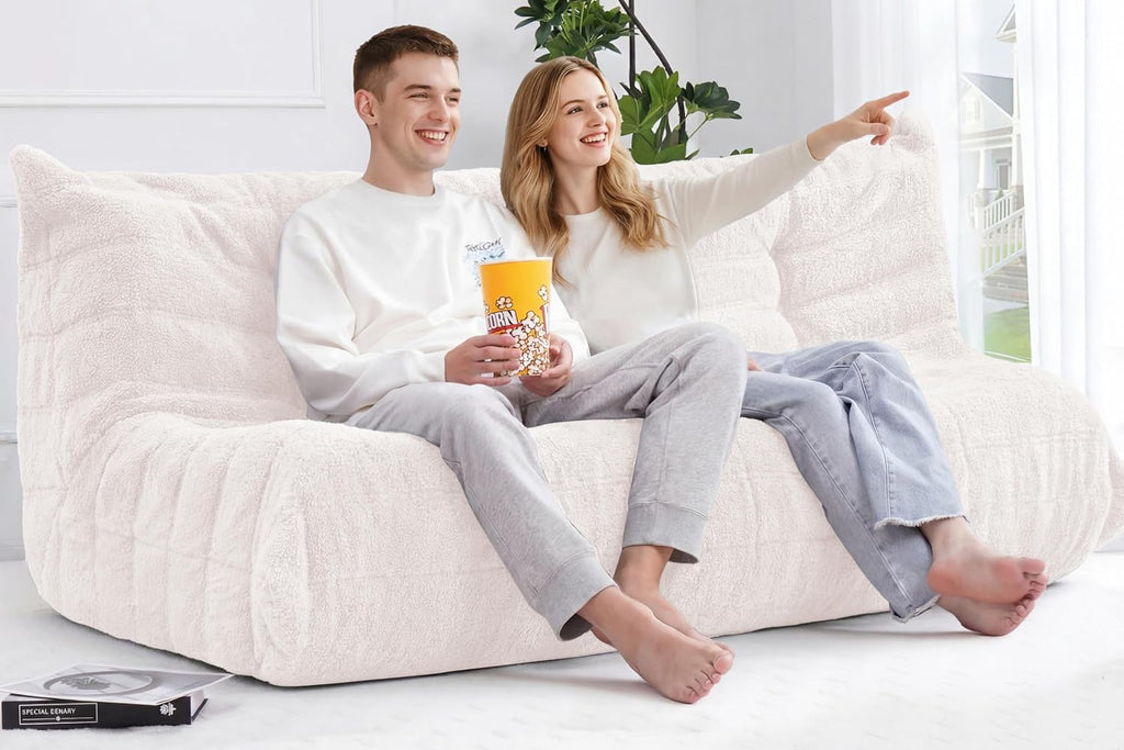 Bean Bag 3-Seater Chair Big Sofa Beanbag Chair for Adults Fireside Chair Bean Bag Lounger with Memory Foam Filled for Home,Apartment or Gaming Venue（Beige Teddy）