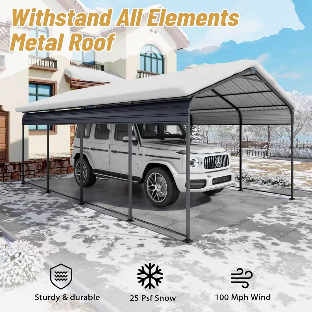 12x20x8.7 FT Heavy Duty Metal Carport, Galvanized Steel Roof Outdoor Car Shelter Garage, Waterproof All Weather Car Canopy for Car Pickup Truck Boat Tractor, Grey