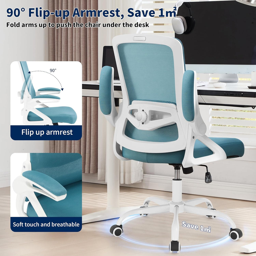 Ergonomic Office Chair, Desk Chair with Adjustable Lumbar Support, Breathable Mesh Comfy Computer Chairs with Flip-up Armrests Executive Task Chair for Adults Home Office (Lake Blue)