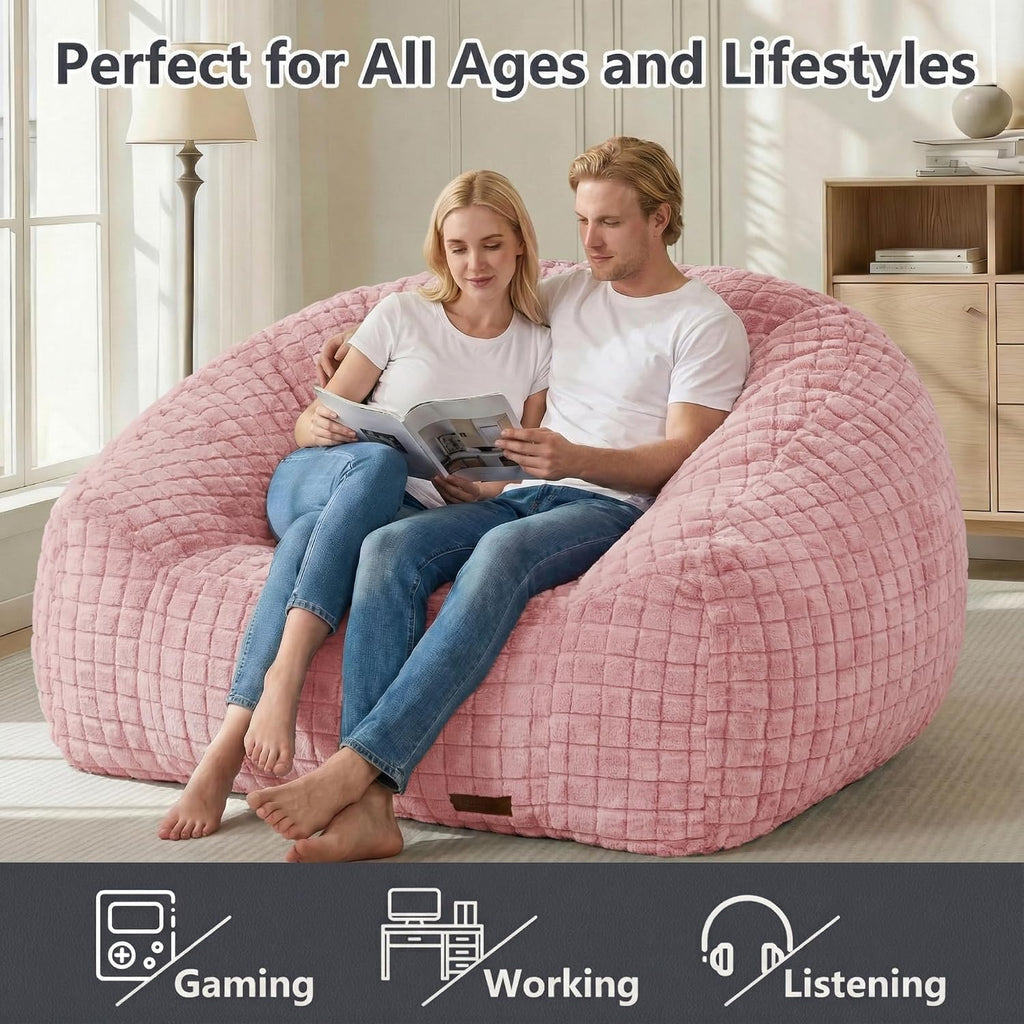 Bean Bag Chairs for Adults, Giant Beanbag Sofa Comfy Reading Chair, Oversized Bean Bag Chairs for Living Room Bedroom, Soft Faux Fur Fabric, 3.2FT, Pink, Checkered