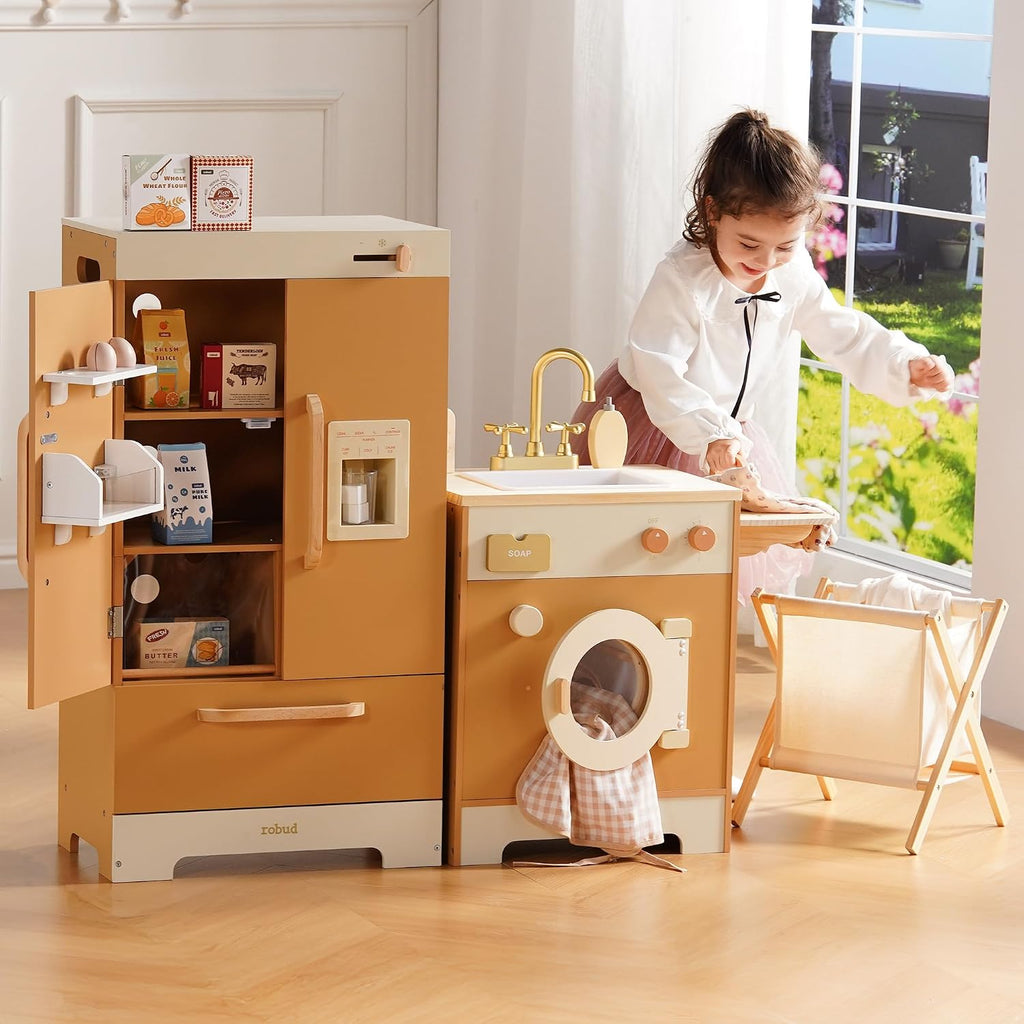 ROBOTIME Caramel Wooden Kids Play Kitchen – 4-in-1 Toddler Role Play Kitchen Set with Fridge, Washing Machine & Iron, Dishwasher – Pretend Cooking Playset for Boys & Girls Ages 3+