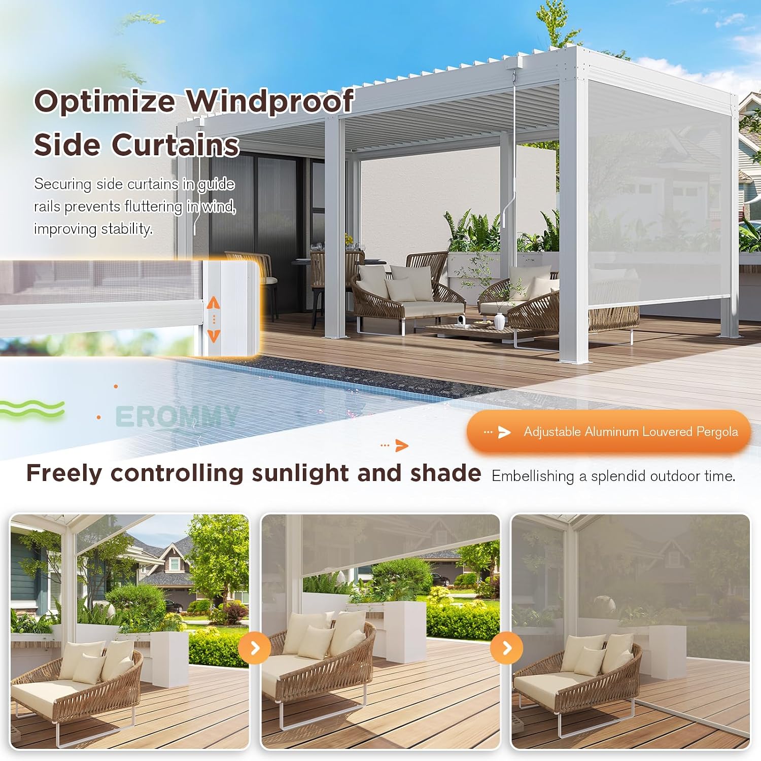 EROMMY 10x20 Louvered Pergola with Side Pull-Down Screen, Outdoor Aluminum Pergola with Thickened Frame and Adjustable Metal Rainproof Roof for Deck Patio Garden Yard, White