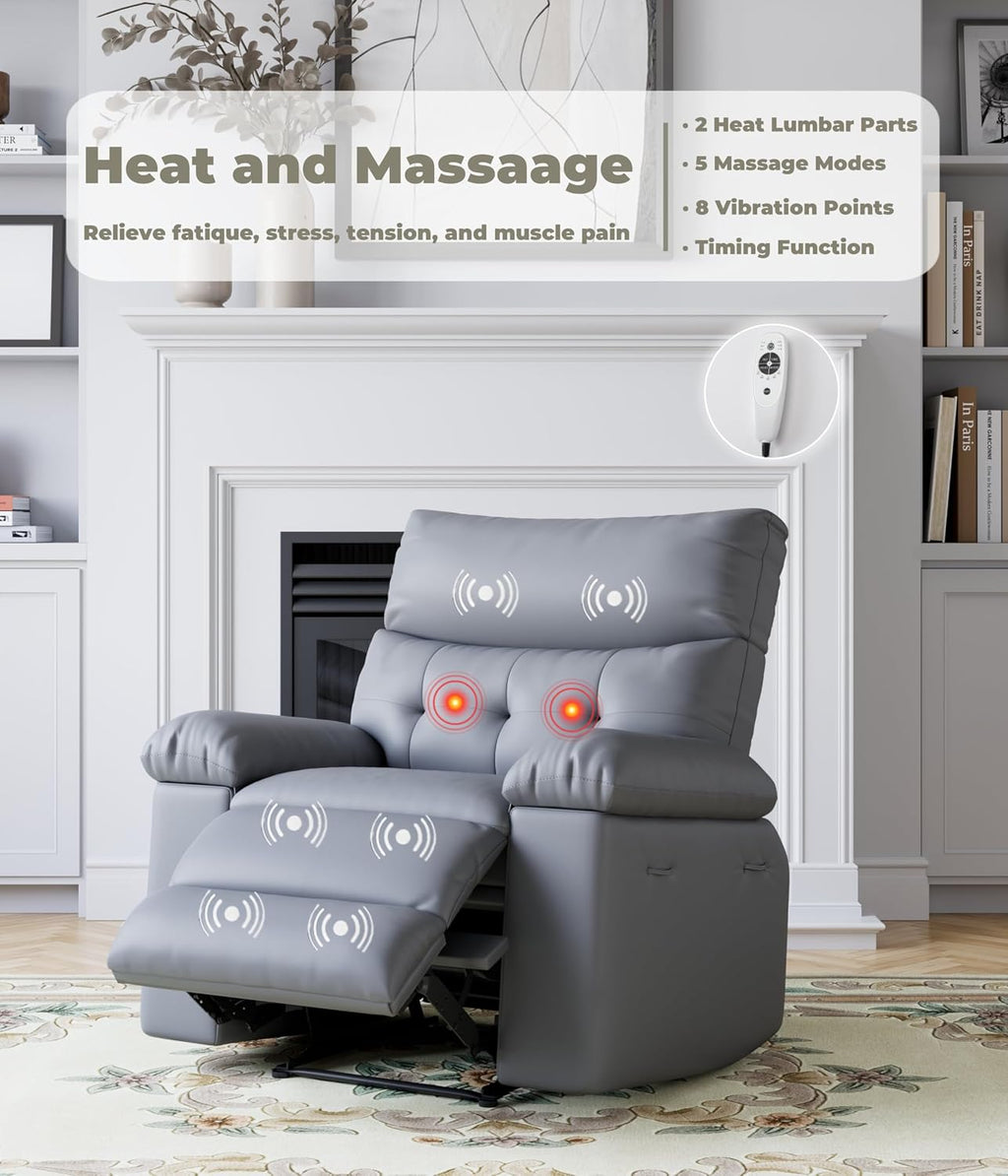 Garvee Oversized Wide Recliner Chair - Heat and Massage, PU Leather Extra Wide Manual Recliner for Adults, Large Lazy Chair with 1.5X Sponge Comfort Arm and Back for Living Room, Bedroom