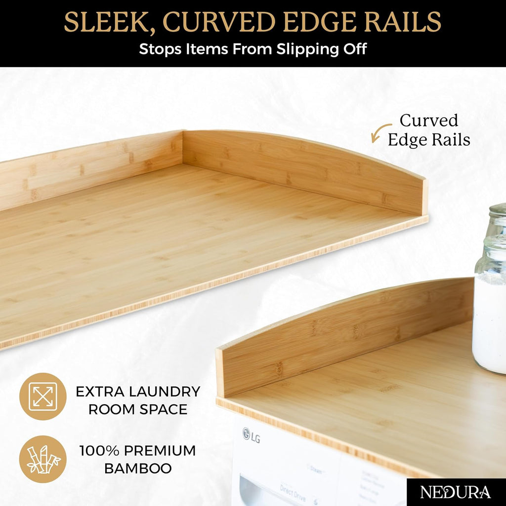 Nedura Washer Dryer Countertop for Washing Machine w/Anti-Vibration Pads&Curved Edge Rails, Bamboo Laundry Countertop, Washer Dryer Topper, Laundry Room Organization, Laundry Room Accessories-Natural