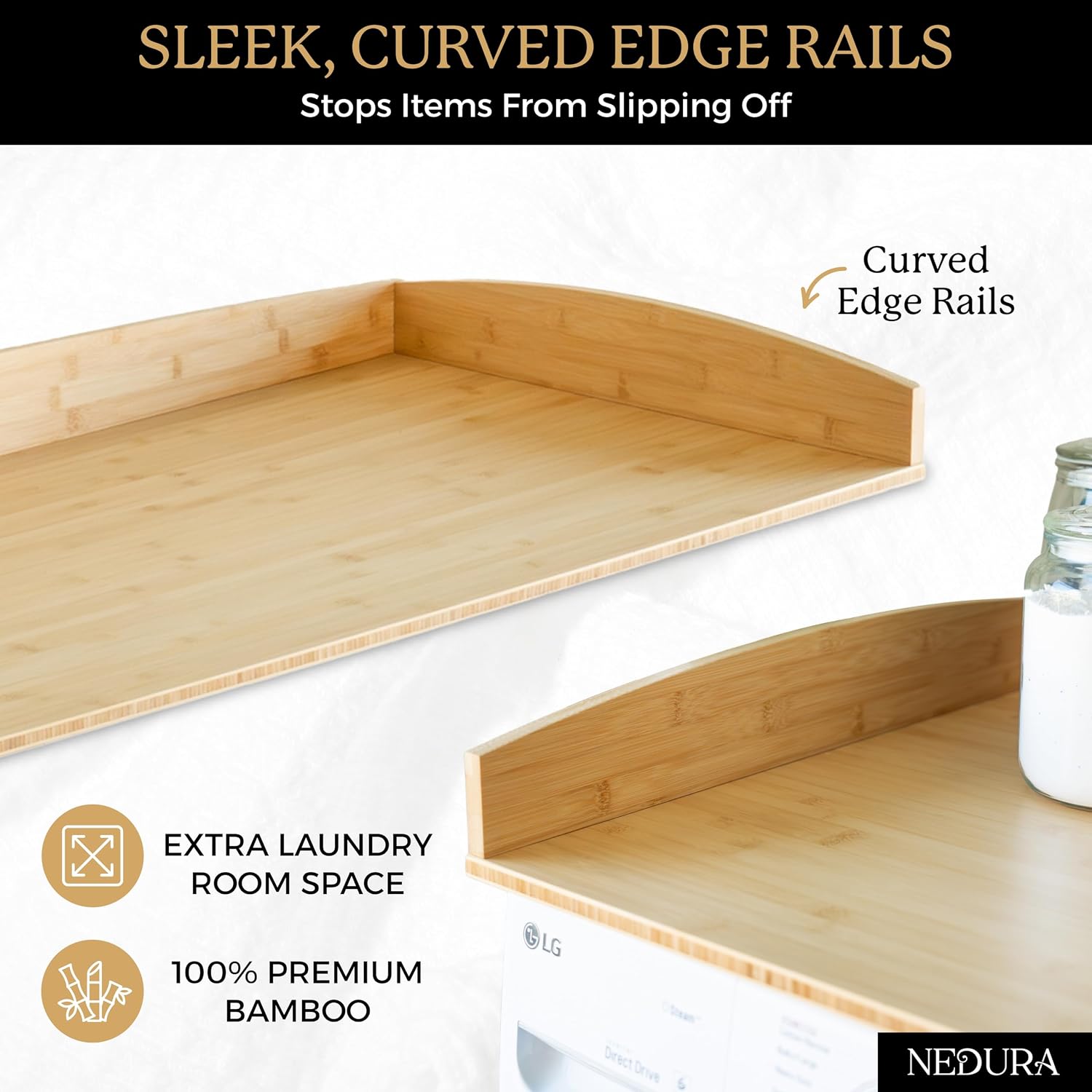 Nedura Washer Dryer Countertop for Washing Machine w/Anti-Vibration Pads&Curved Edge Rails, Bamboo Laundry Countertop, Washer Dryer Topper, Laundry Room Organization, Laundry Room Accessories-Natural