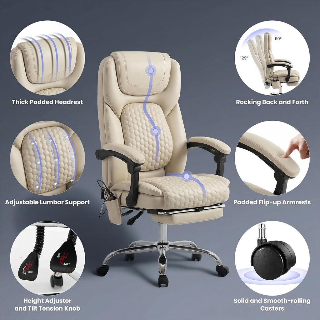 MALOL Massage Office Chair with Heat and Footrest - 3-Level 65°C Targeted Heating, 20-Min Easy Assembly Leather Desk Chair, Big and Tall Executive Computer Chair with Side Pocket, 300 lbs, Beige