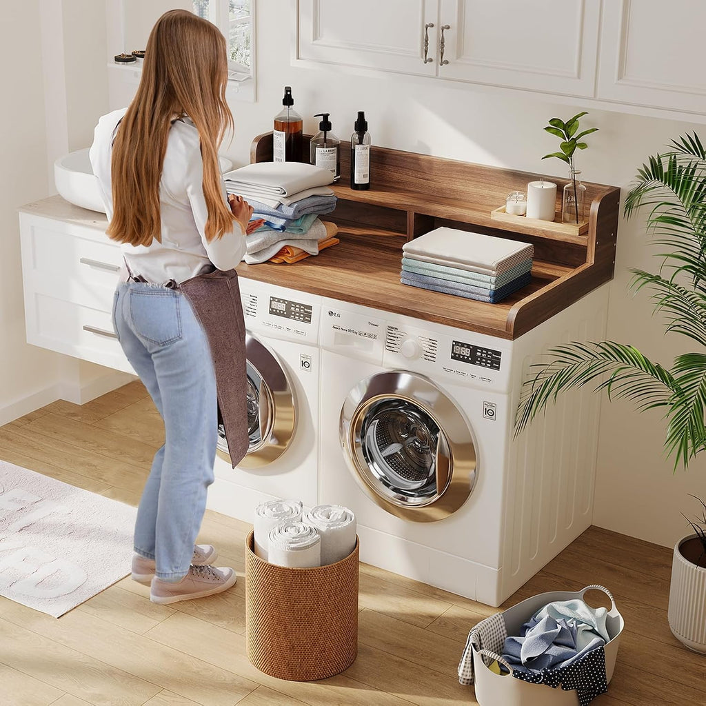 2-Tier Washer Dryer Countertop with 2.75' H Edge Rails, 54' W x 27.55' D Laundry Countertop for Folding Clothes, Washer and Dryer Topper with Non-Slip Pad (Dark Walnut)