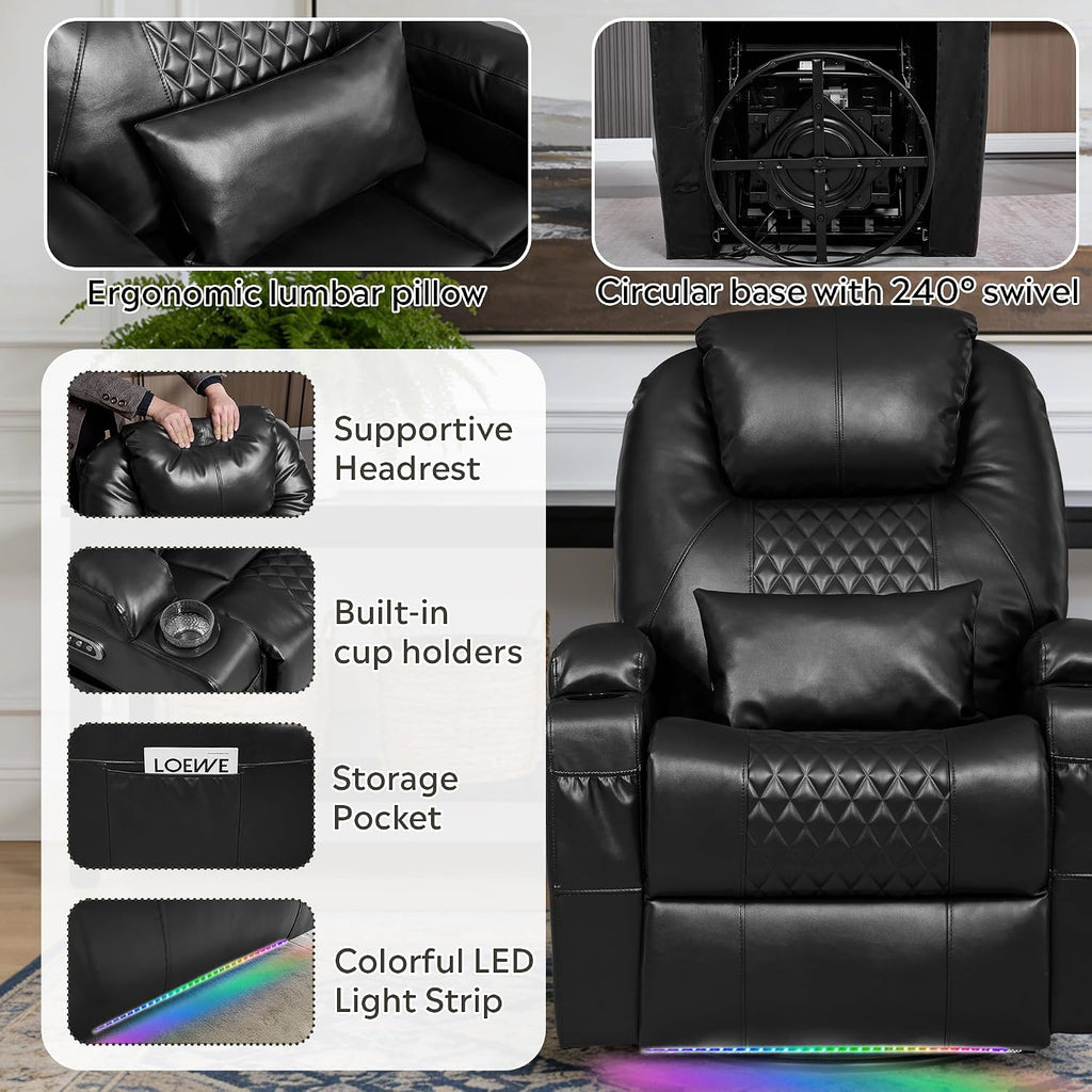 Dual Motor Power Swivel Rocker Recliner Chair for Adults with Heat and Massage,Electric Wall Hugger Glider Rocking Recliner for Nursery Living Room with LED Lights,USB A&C Ports(Black, Set of 2)
