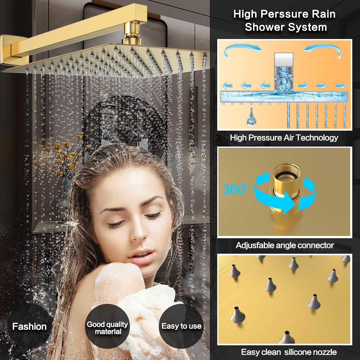 Shower System Rain Shower Faucet Set with Tub Spout,10 inch Bathroom Wall Mounted Waterfall Bathtub Faucet with Handheld Spray and Rough-in Valve Body and Trim kit,Brushed Gold
