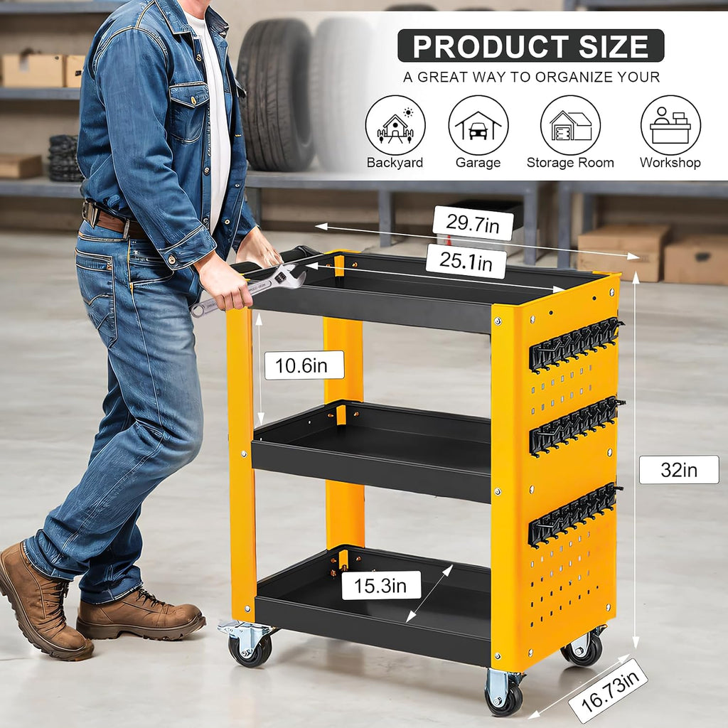 3 Tier Rolling Tool Cart on Wheels, Mechanic Storage Organizer, Rolling Work Cart with Pegboard for Garage, Workshop, Warehouse (Black&Yellow)