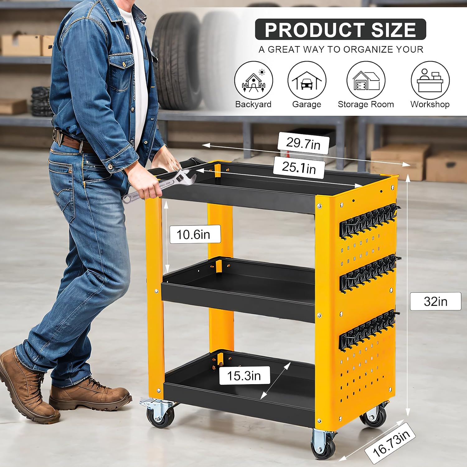 3 Tier Rolling Tool Cart on Wheels, Mechanic Storage Organizer, Rolling Work Cart with Pegboard for Garage, Workshop, Warehouse (Black&Yellow)