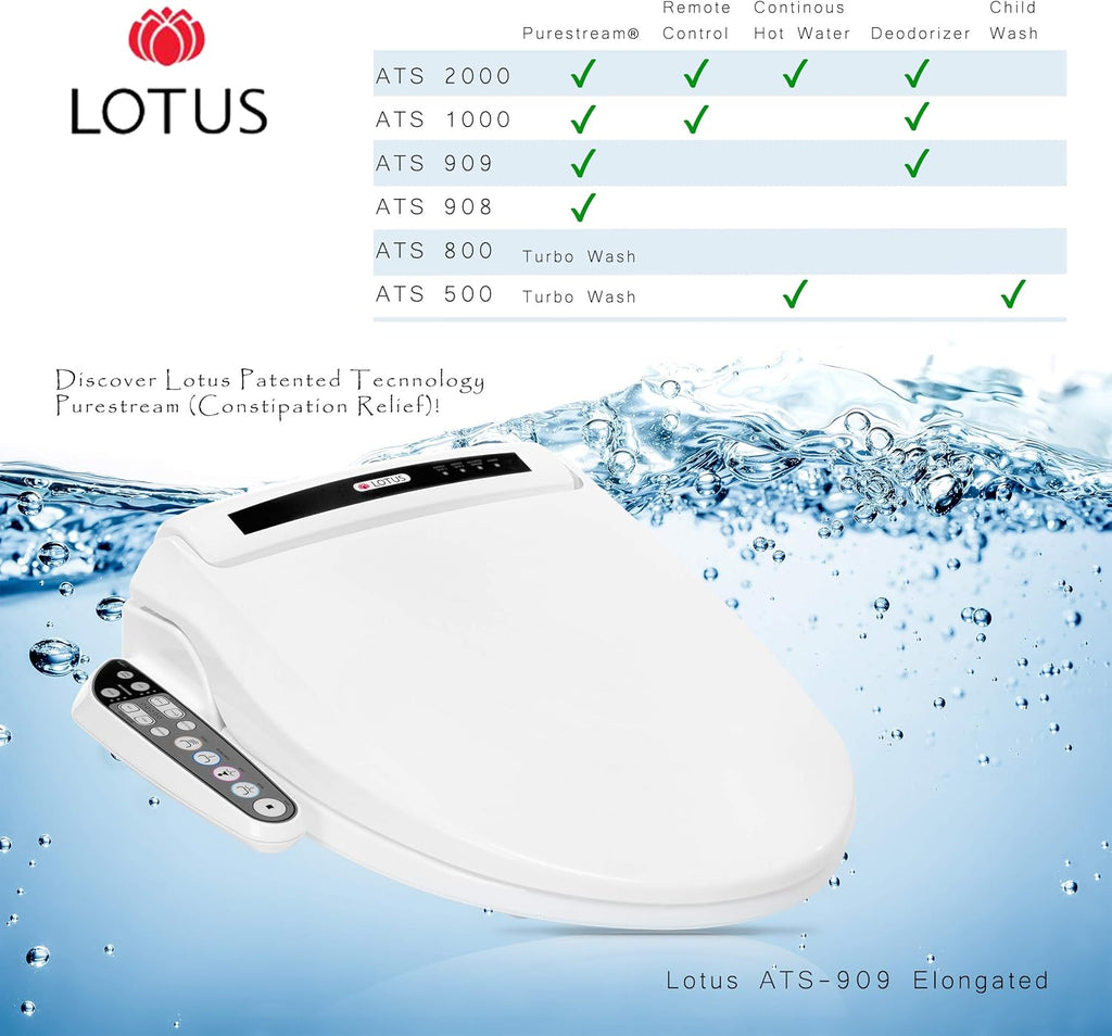 Lotus Bidet ATS-909 Elongated with Enema Wash (Purestream) for constipation relief, Heated Seat, Multi Modes Wash, Air Dryer, Deodorizer, Easy DIY Installation, Made in Korea