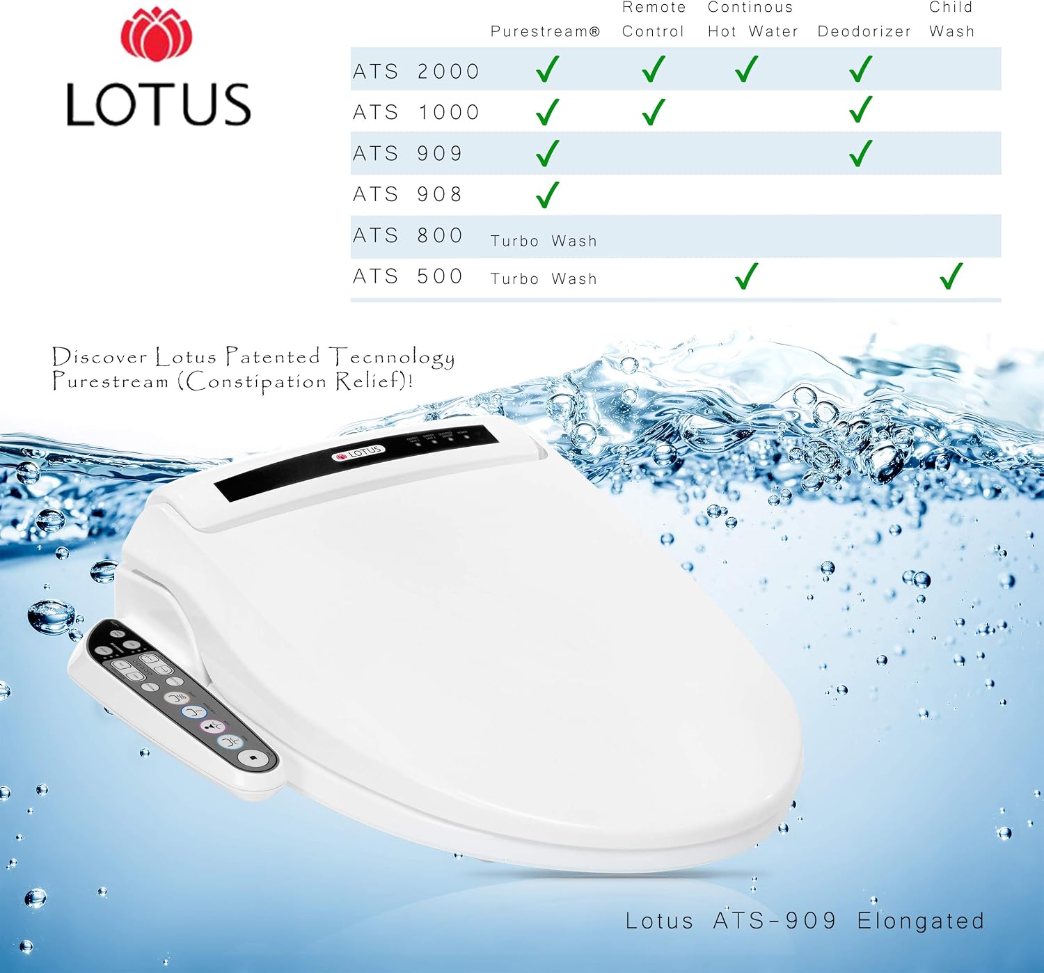 Lotus Bidet ATS-909 Elongated with Enema Wash (Purestream) for constipation relief, Heated Seat, Multi Modes Wash, Air Dryer, Deodorizer, Easy DIY Installation, Made in Korea