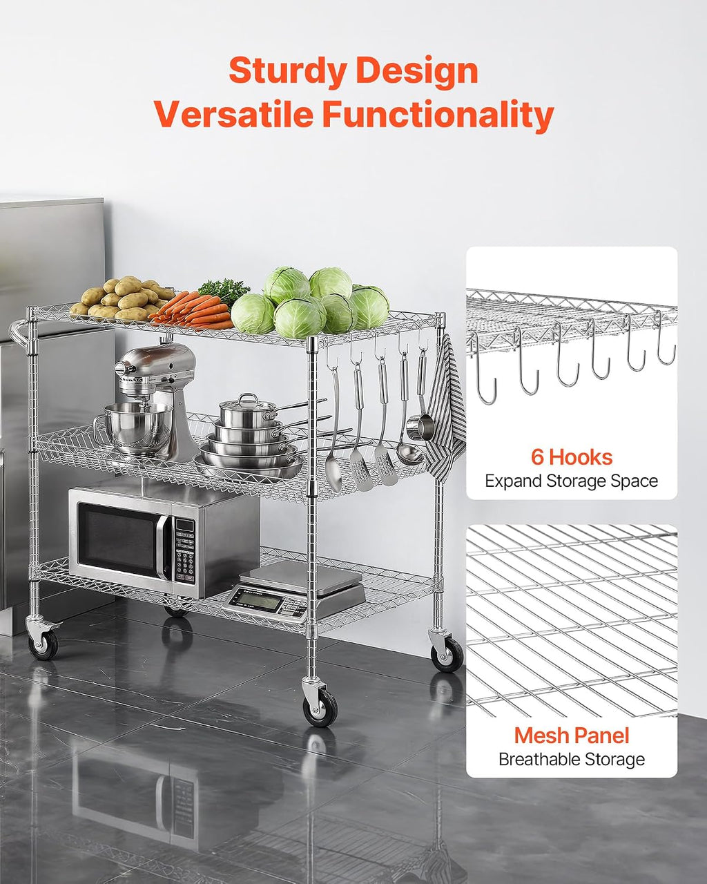 VEVOR Kitchen Utility Cart, 3 Tier Heavy Duty Adjustable Wire Storage Rack, Commercial Steel Rolling Service Trolley on Wheels, Work Table with Handle Bar, for Garage and Laundry Room, 40x25x40.9 in