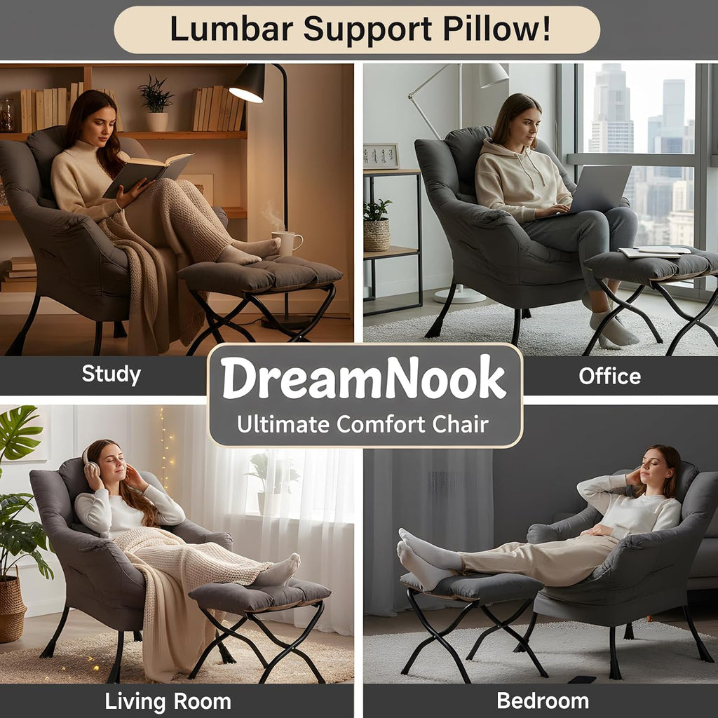 Lazy Chair with Ottoman, Modern Accent Chair with Lumbar Pillow, Dark Grey Sofa, Armchairs with Folding Footrest, Oversized Supportive Chairs for Bedroom, Reading