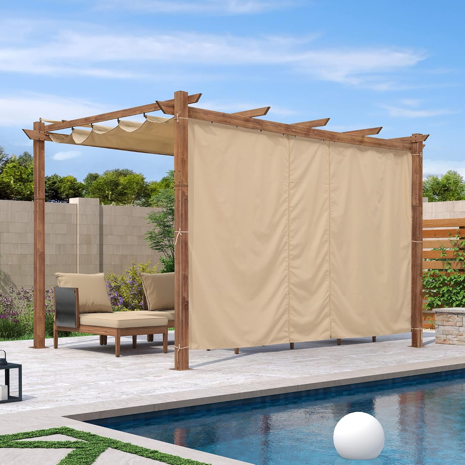 PURPLE LEAF 10' x 13' Outdoor Retractable Pergola Patio Metal Shelter for Garden Porch Beach Pavilion Natural Wood Grain Frame Gazebo Modern Yard Grill Pergola with Shade Canopy Curtains Beige