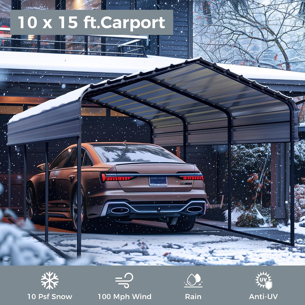 GREEN PARTY 10 x 15 ft Metal Carport Kits with Galvanized Steel Roof, Heavy Duty Metal Carport Canopy, Outdoor Car Tent Metal Garage Shelter for Car, SUV, Truck and Boats, Grey