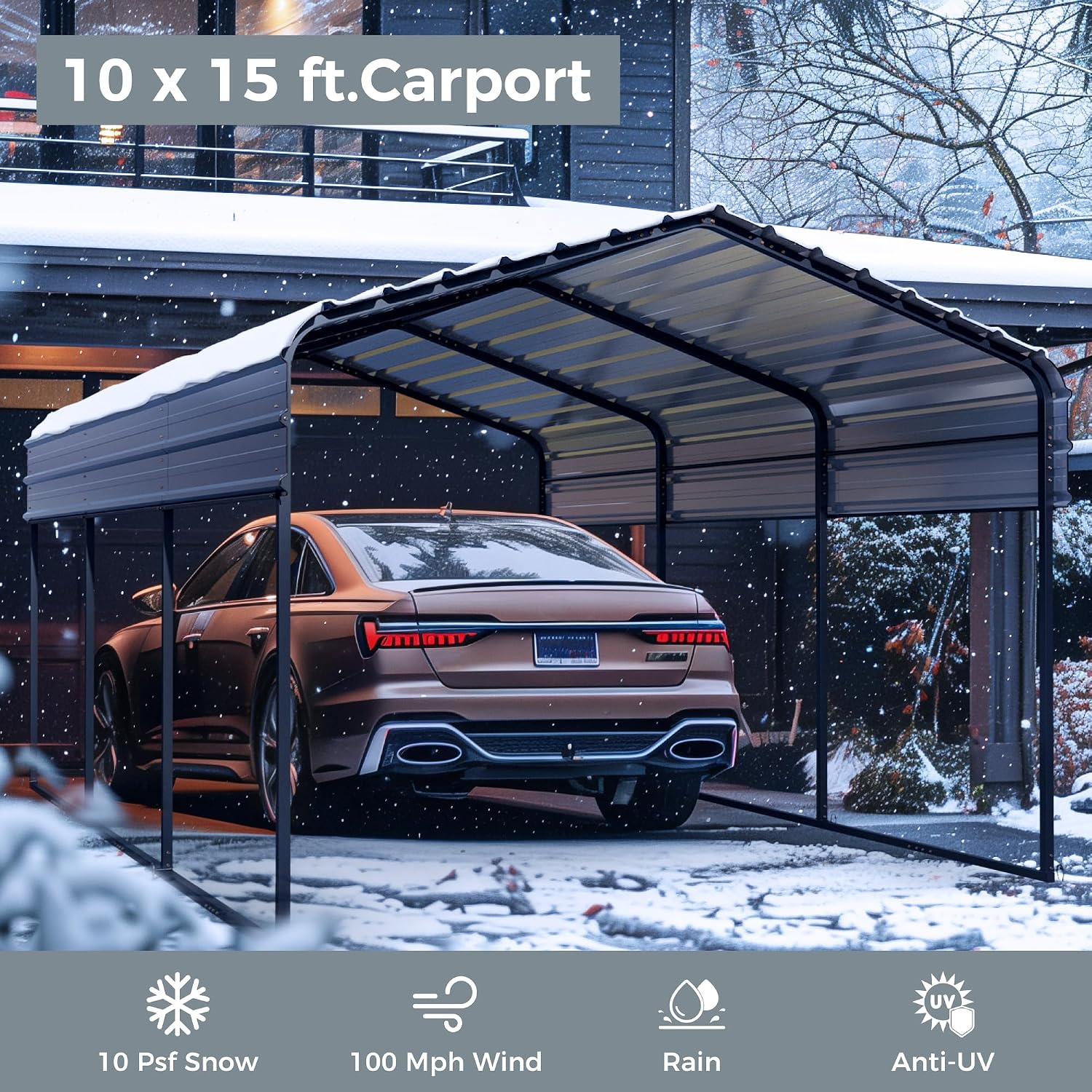 GREEN PARTY 10 x 15 ft Metal Carport Kits with Galvanized Steel Roof, Heavy Duty Metal Carport Canopy, Outdoor Car Tent Metal Garage Shelter for Car, SUV, Truck and Boats, Grey