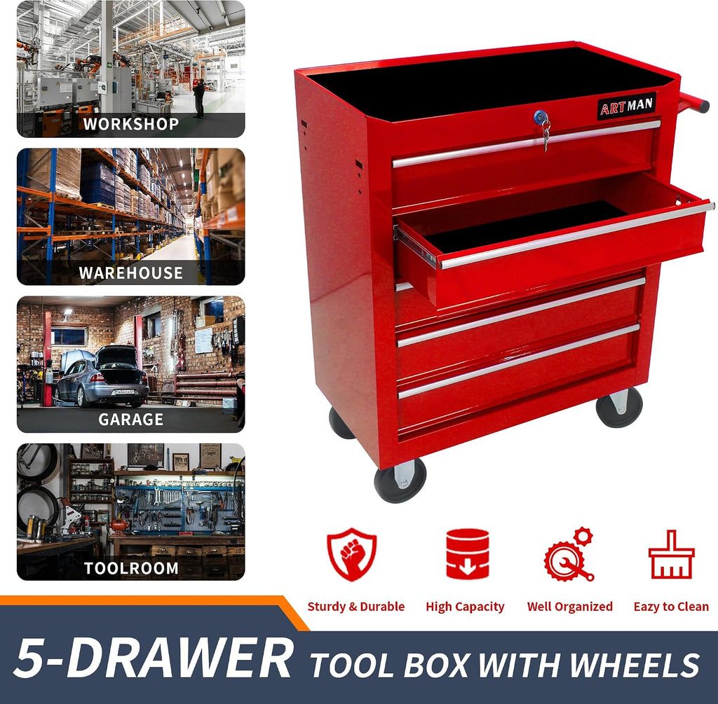 5 Drawers Rolling Tool Box，Tool Chest on Wheels, Lockable Tool Storage Cabinet Organizer Cabinet for Garage, Warehouse, Repair Shop, Workshop