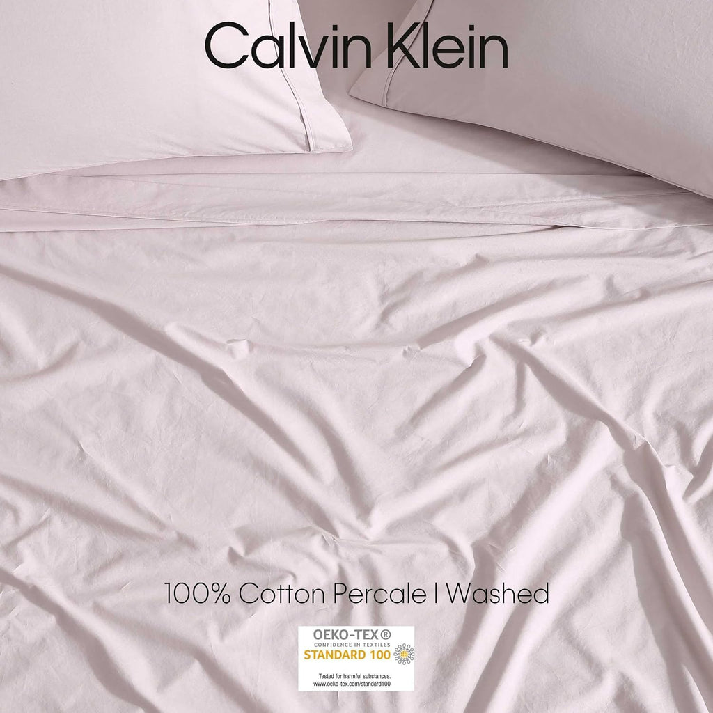 Calvin Klein - King Bed Sheets, Relaxed Garment Washed Cotton Percale Bedding Set with Matching Pillowcases, Deep Pockets, Oeko-TEX Certified (Washed Percale Pink, King)