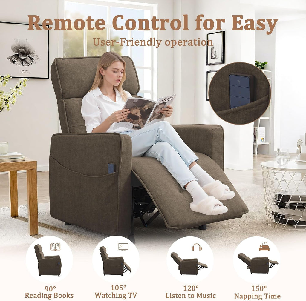 Korser Power Recliner Chair for Adults, Electric Recliner Chairs for Living Room, Comfy Recliners Cashmere Reclining Chair with One-Touch Adjustment & Side Pockets for Reading, Bedroom, Lounge, Brown