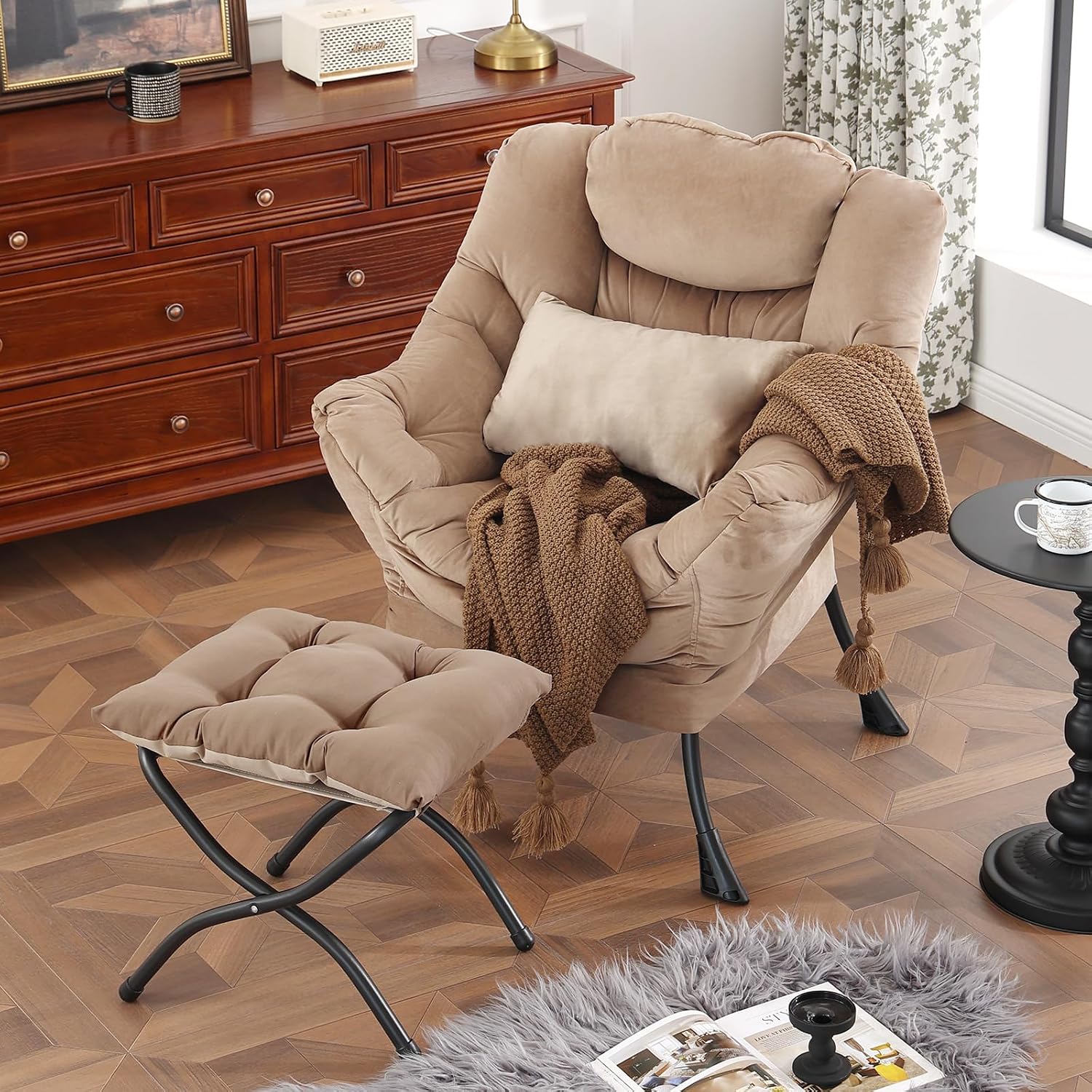 Lazy Chair with Ottoman, Modern Accent Chair with Lumbar Pillow, Velvet Khaki Sofa, Armchairs with Folding Footrest, Oversized Supportive Chairs for Bedroom, Reading