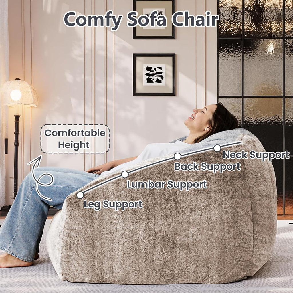Bean Bag Chairs for Adults, Giant Beanbag Sofa Comfy Reading Chair, Oversized Bean Bag Chairs for Living Room Bedroom, Soft Faux Fur Fabric, 3.2FT, Khaki, Plush