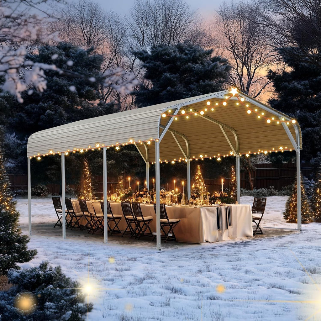 Quictent 10x15 ft Metal Roof Carport Kits Hard Top Garage Heavy Duty Steel Car Canopy with Reinforced Triangle Structure, White
