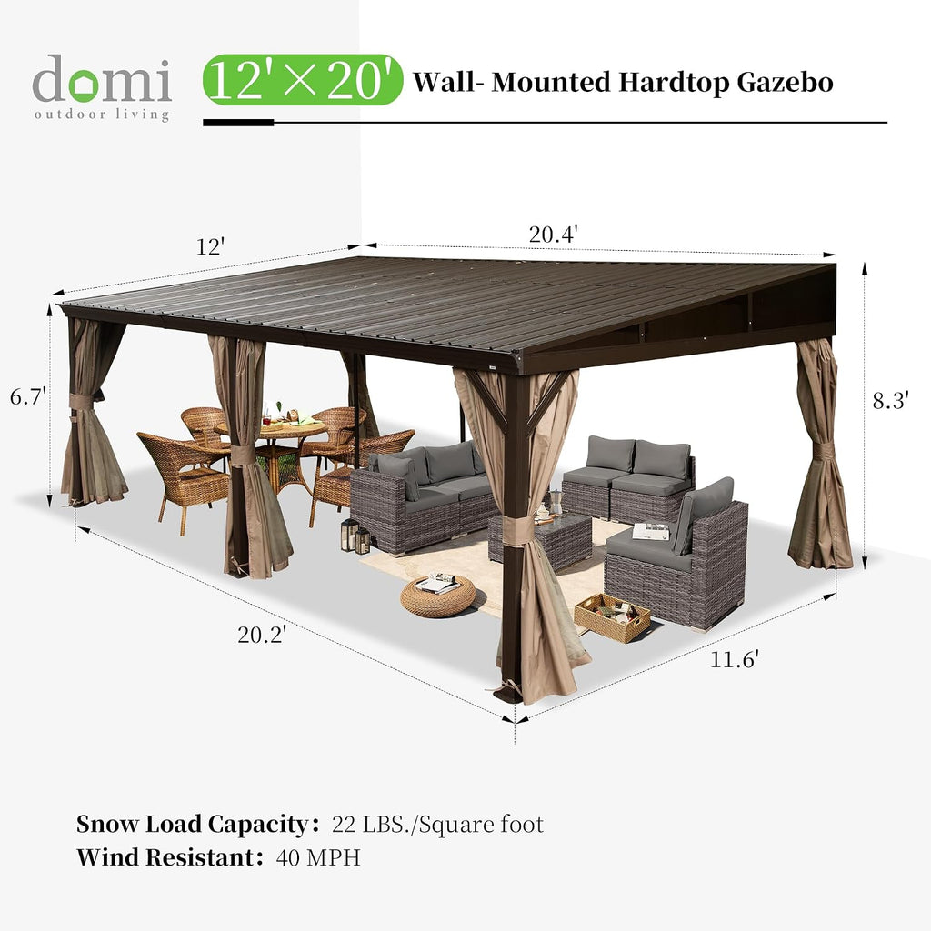Domi 12x20FT Lean to Gazebo, Outdoor Hardtop Wall Mounted Gazebo with Sloping Galvanized Steel Roof, Aluminum Frame Mounted Pavilion with Netting and Curtain Included for Deck, Porch, Backyard
